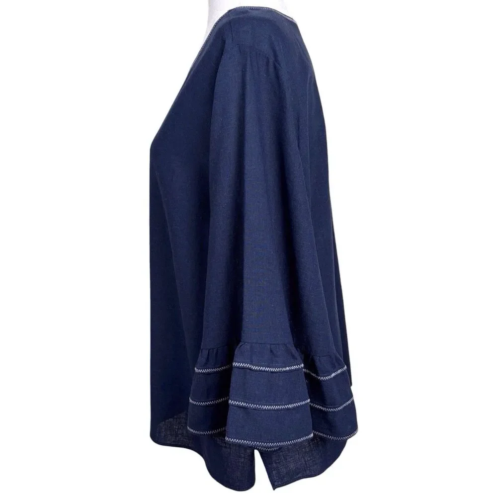Nic+Zoe Linen Blend Bell Sleeve Blouse Navy Size XL